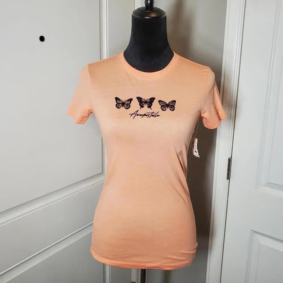 NWT Aeropostale Women's Small Peach Orange Velvet Butterfly Classic Crew T-Shirt - Picture 1 of 12